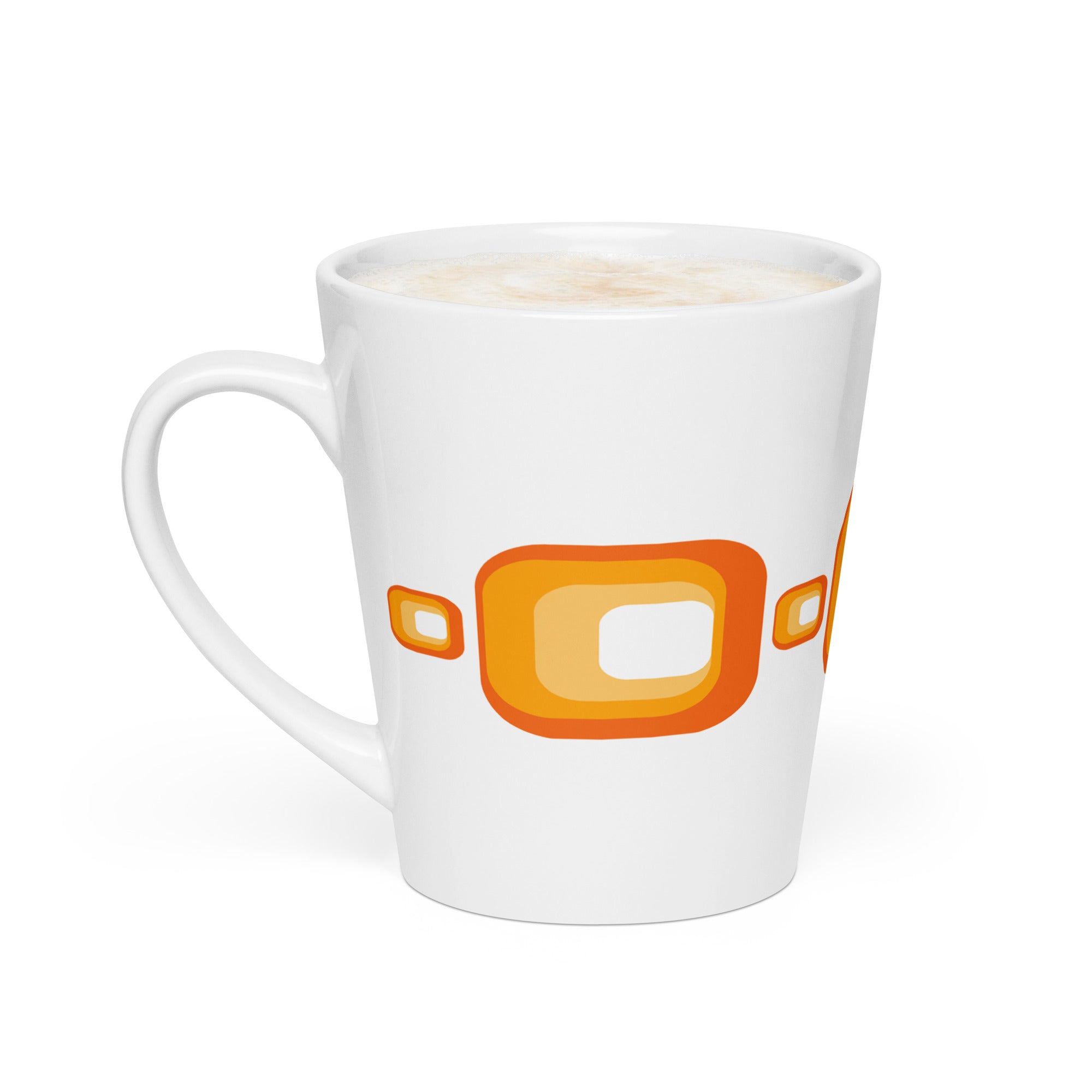 A vertical, 12-ounce white ceramic latte mug featuring a repeating, modern 1970s retro-inspired pattern of repeated curved orange squares. The mug has a tall, tapered shape, and the glaze is glossy.