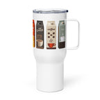 White 25oz stainless steel travel mug with a sturdy handle, spill-proof lid, and colourful drink carton illustrations. Designed to keep beverages hot or cold while on the go.