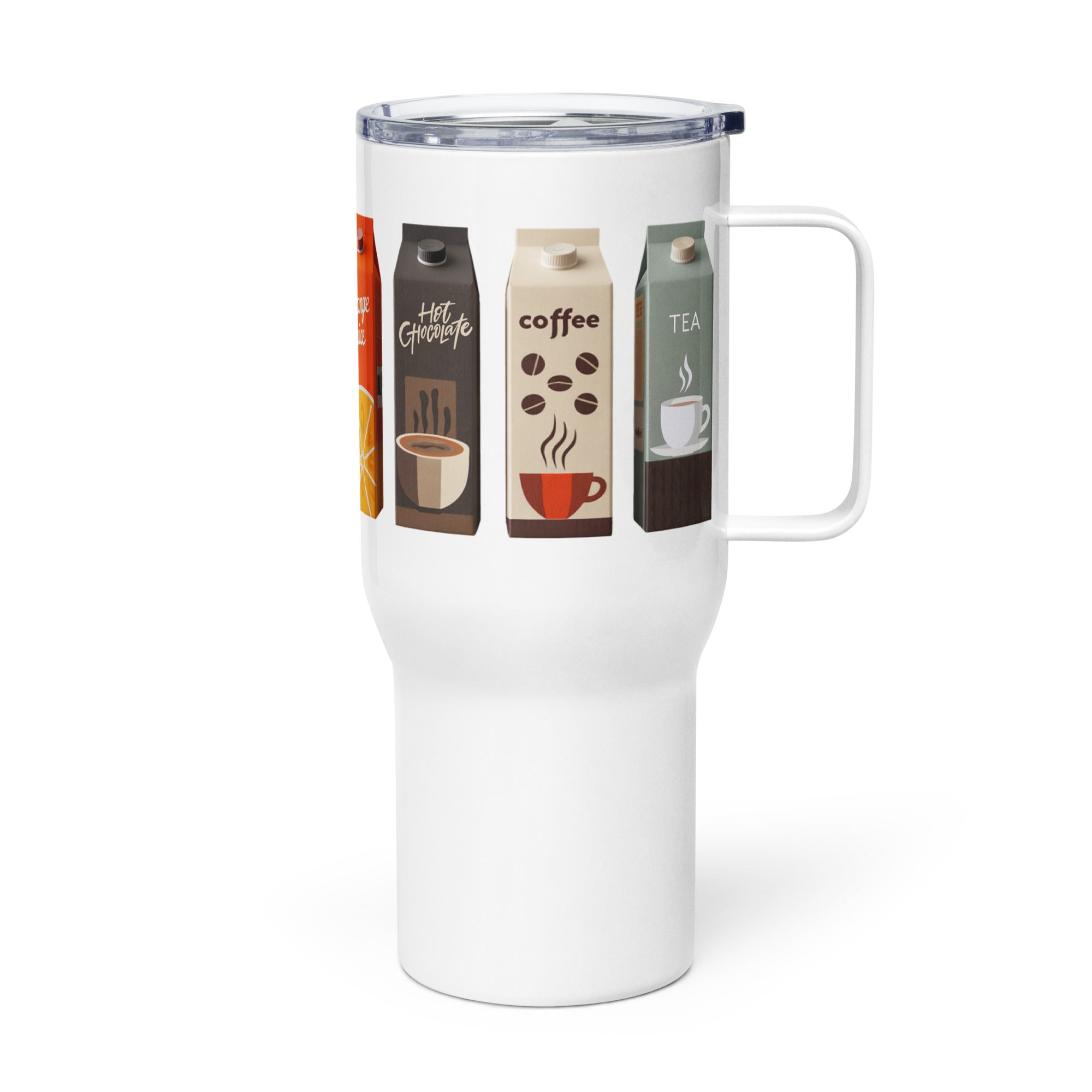 White 25oz stainless steel travel mug with a sturdy handle, spill-proof lid, and colourful drink carton illustrations. Designed to keep beverages hot or cold while on the go.
