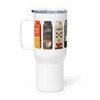 White 25oz stainless steel travel mug with a sturdy handle, spill-proof lid, and colourful drink carton illustrations. Designed to keep beverages hot or cold while on the go.
