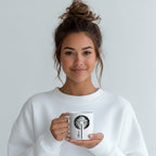 Woman holding a white glossy ceramic mug with a delicate black dandelion design and a custom name printed on the front. 11oz personalised coffee cup, ideal for tea, coffee, or hot chocolate lovers.