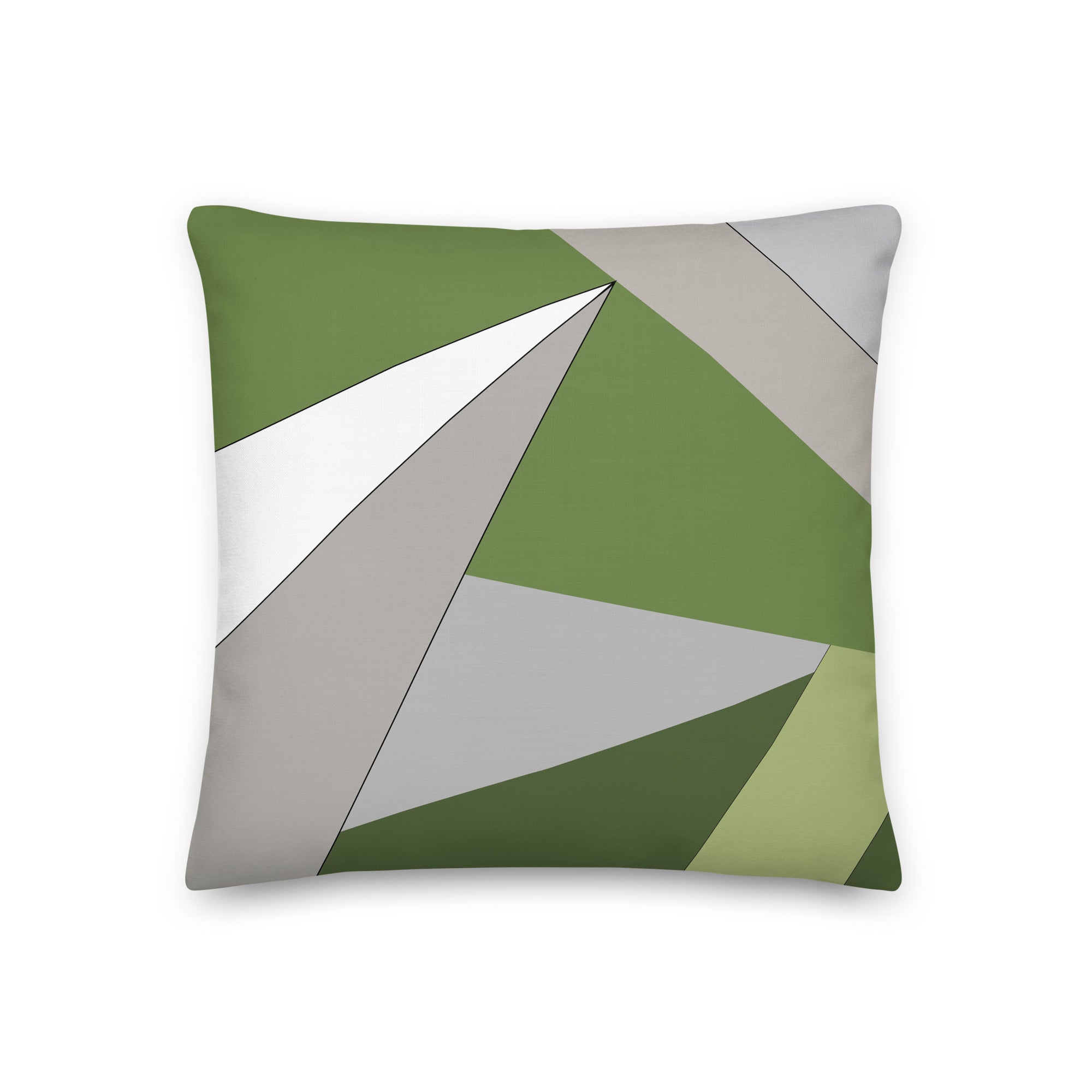 Front view of a cushion with geometric pattern made of triangles in shades of green, grey, sand and white.