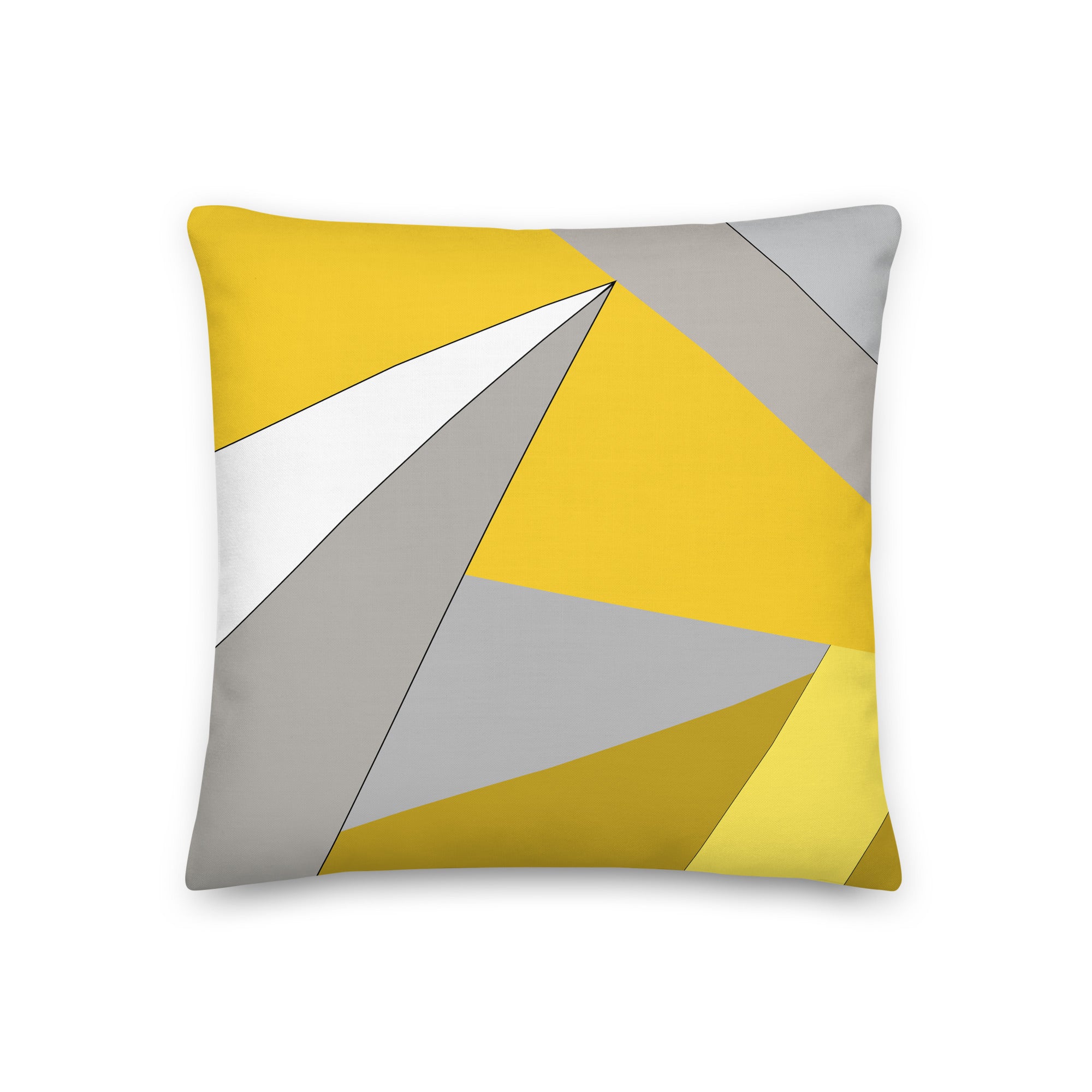 Front view of a cushion with geometric pattern made of triangles in shades of yellow, grey, sand and white.