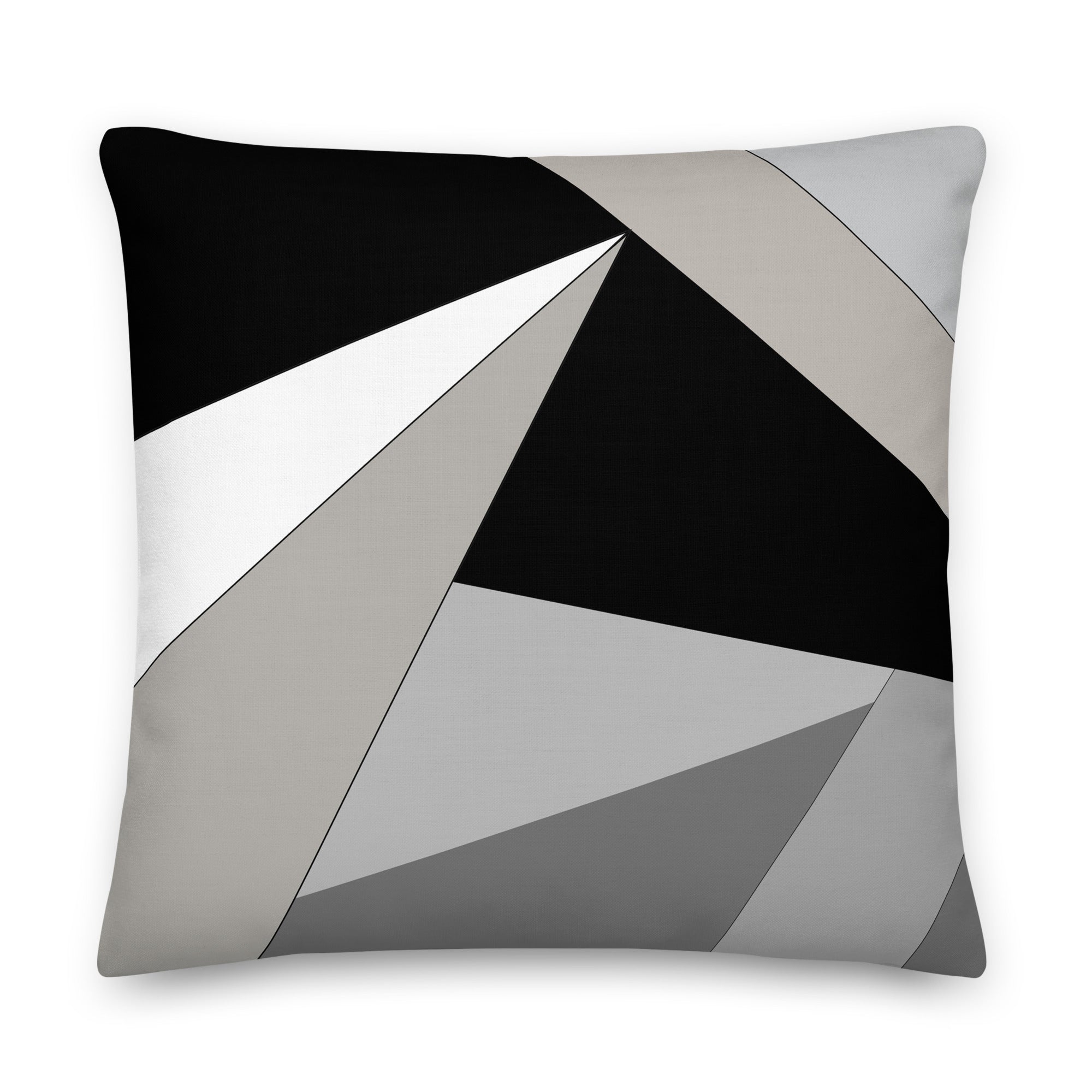 Front view of a cushion with geometric pattern made of triangles in shades of black, grey, sand and white.