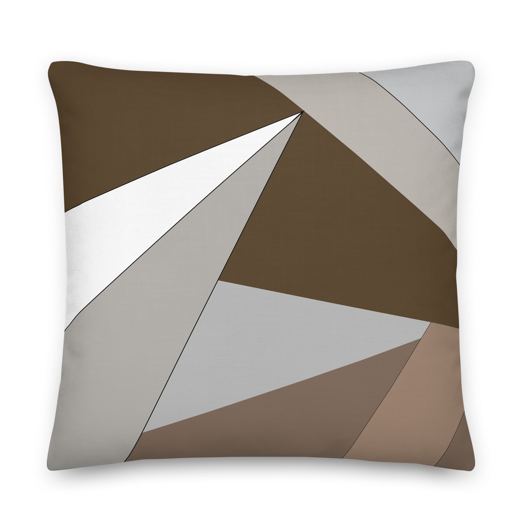 Front view of a cushion with geometric pattern made of triangles in shades of brown, grey, sand and white.