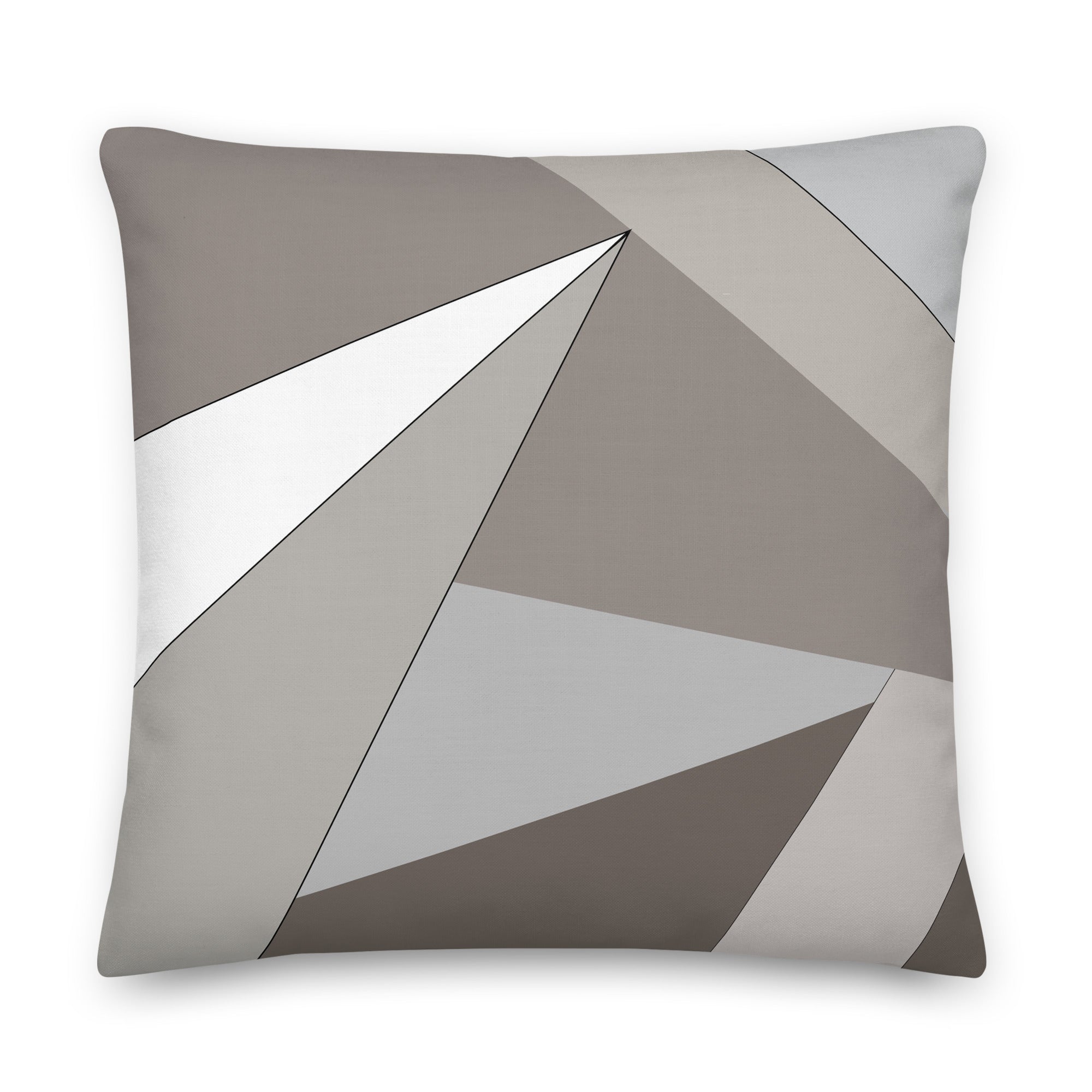 Front view of a cushion with geometric pattern made of triangles in shades of grey, sand and white.