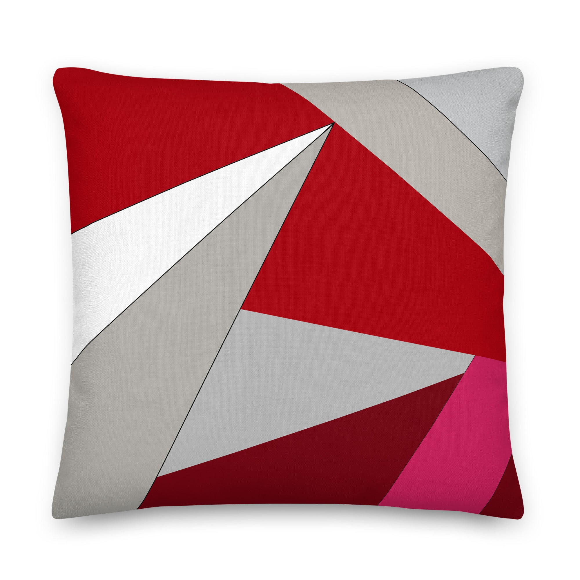 Front view of a cushion with geometric pattern made of triangles in shades of red, grey, sand and white.