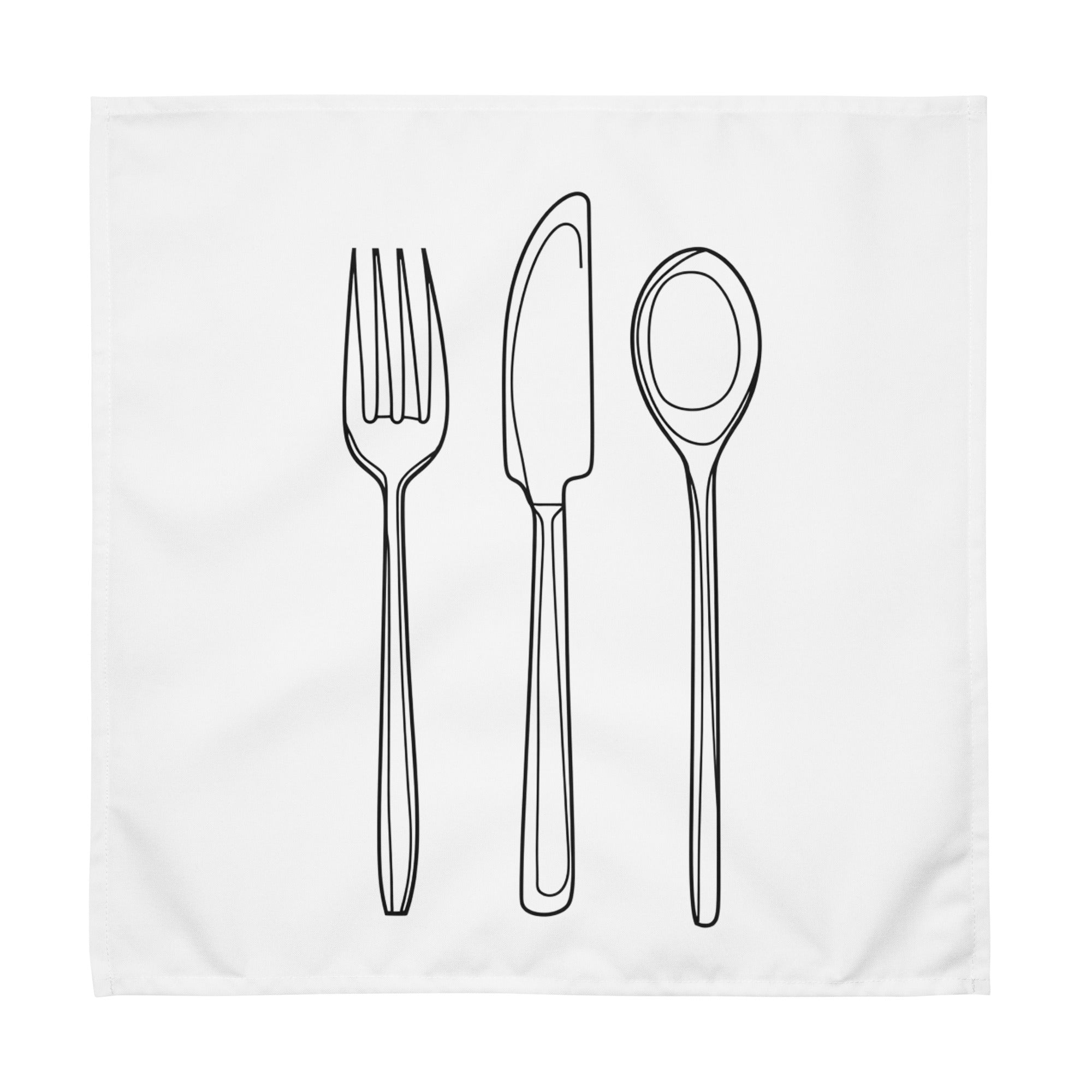 White cloth napkin with a detailed black drawing of a fork, knife, and spoon stacked vertically down the center.