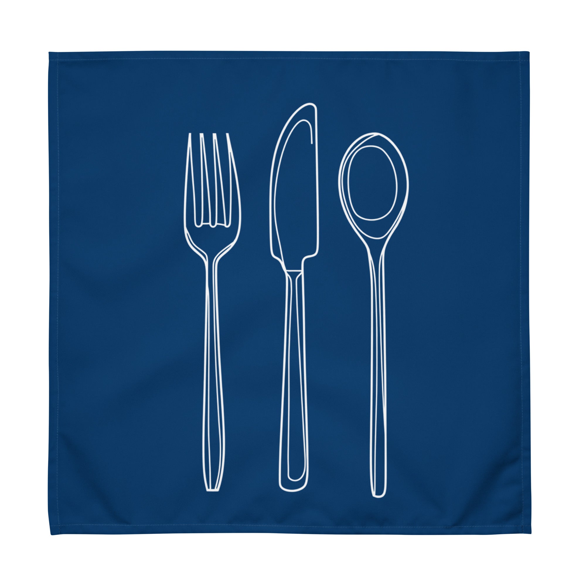 Blue cloth napkin with a detailed white drawing of a fork, knife, and spoon stacked vertically down the center.