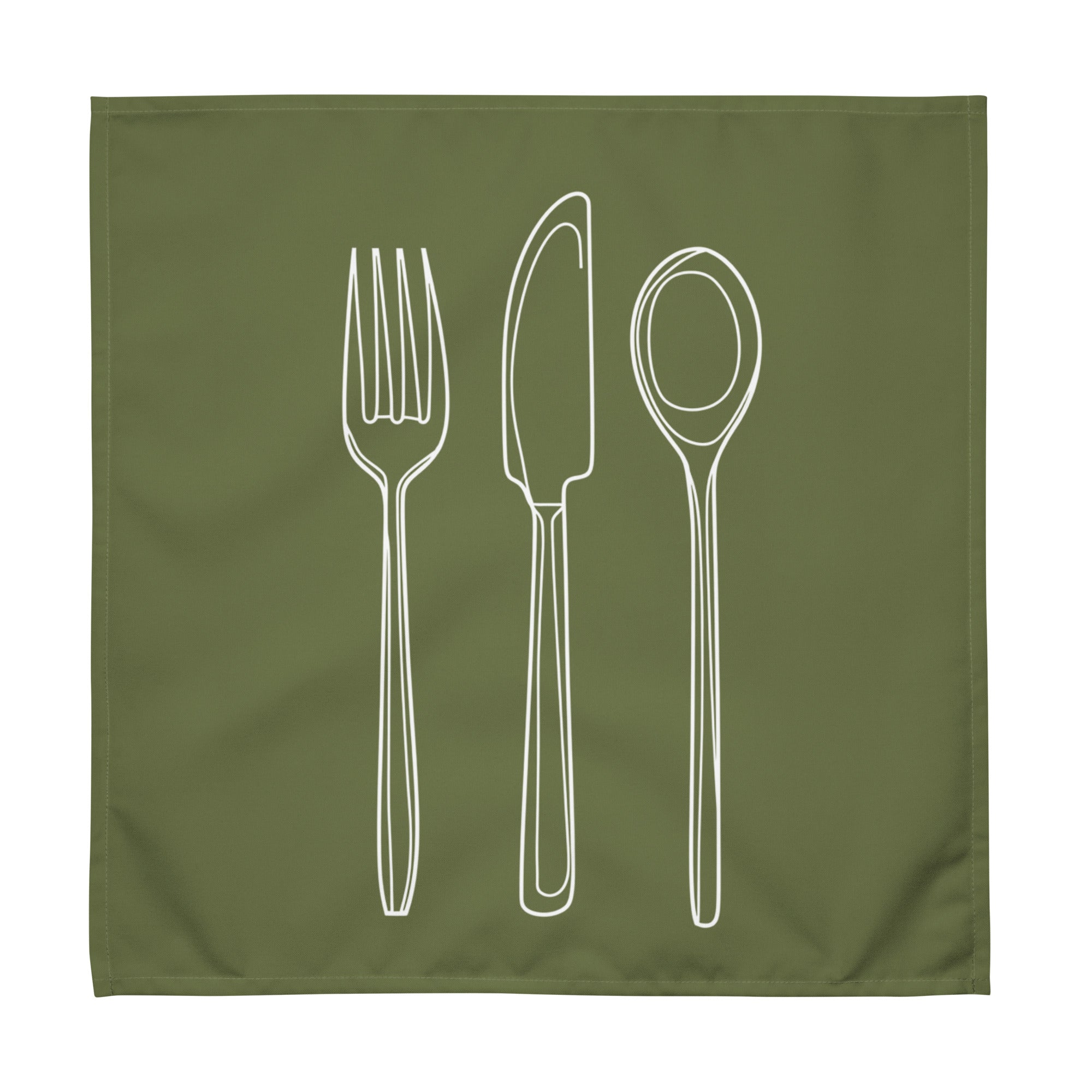 Green cloth napkin with a detailed white drawing of a fork, knife, and spoon stacked vertically down the center.