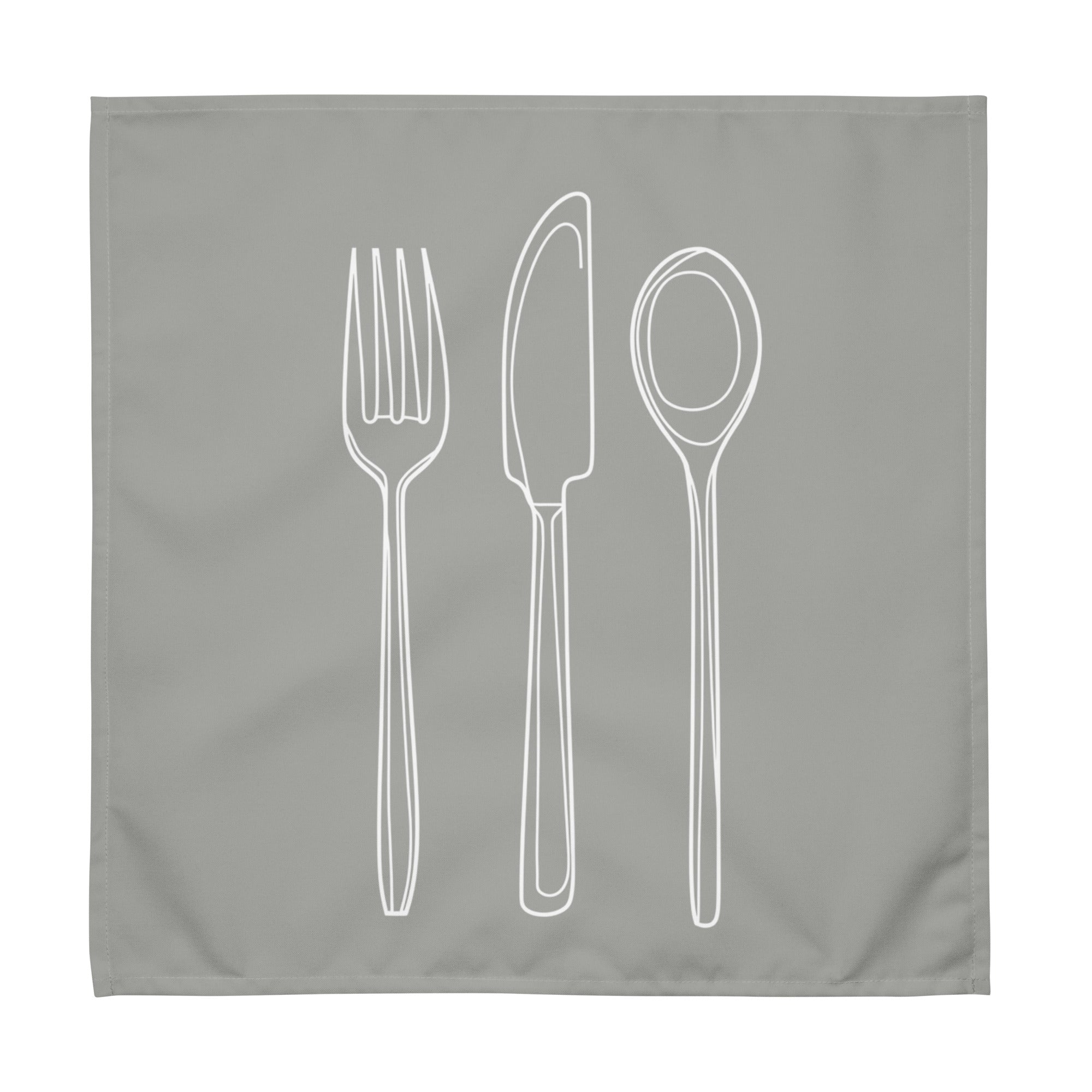 Grey cloth napkin with a detailed white drawing of a fork, knife, and spoon stacked vertically down the center.