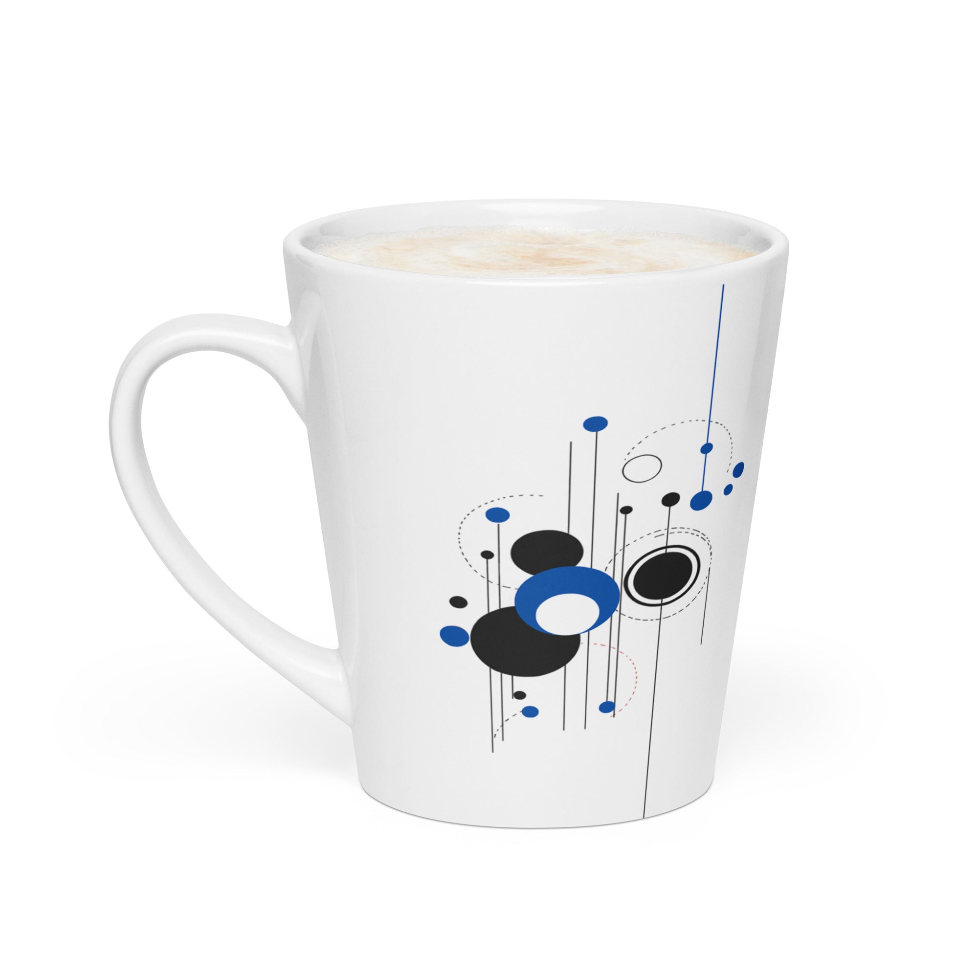 12 oz white ceramic latte mug with a modern geometric design featuring black and blue circles and lines.