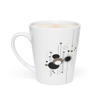 12 oz white ceramic latte mug with a modern geometric design featuring black and brown circles and lines.