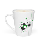 12 oz white ceramic latte mug with a modern geometric design featuring black and green circles and lines.