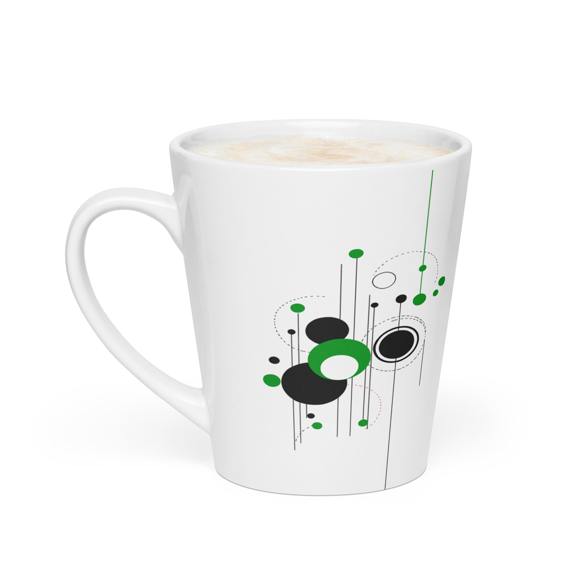 12 oz white ceramic latte mug with a modern geometric design featuring black and green circles and lines.