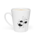 12 oz white ceramic latte mug with a modern geometric design featuring black and grey circles and lines.