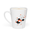 12 oz white ceramic latte mug with a modern geometric design featuring black and orange circles and lines.