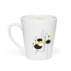 12 oz white ceramic latte mug with a modern geometric design featuring black and yellow circles and lines.