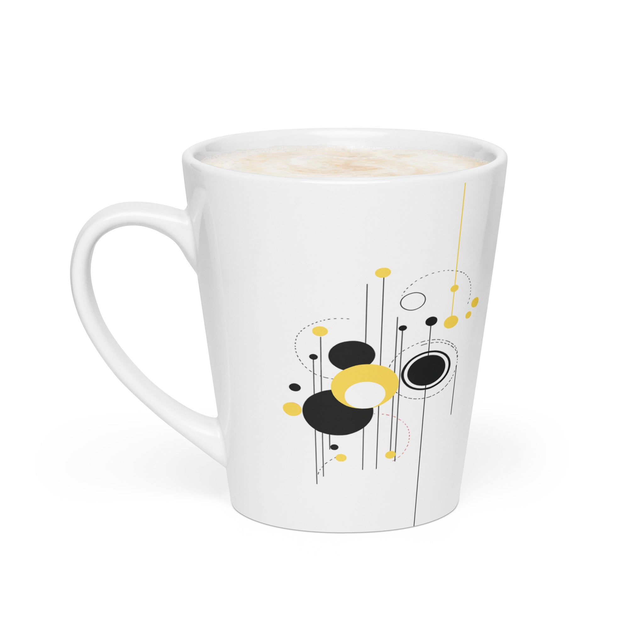 12 oz white ceramic latte mug with a modern geometric design featuring black and yellow circles and lines.
