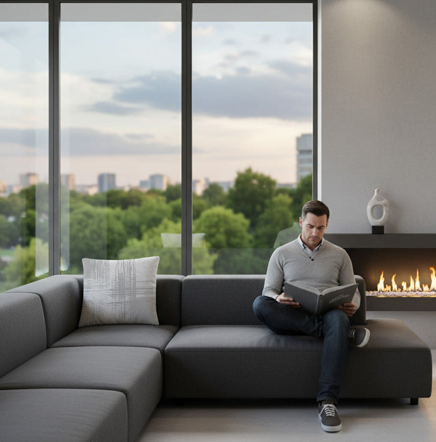 Grey and white linear cushion on grey sofa, city view in background.